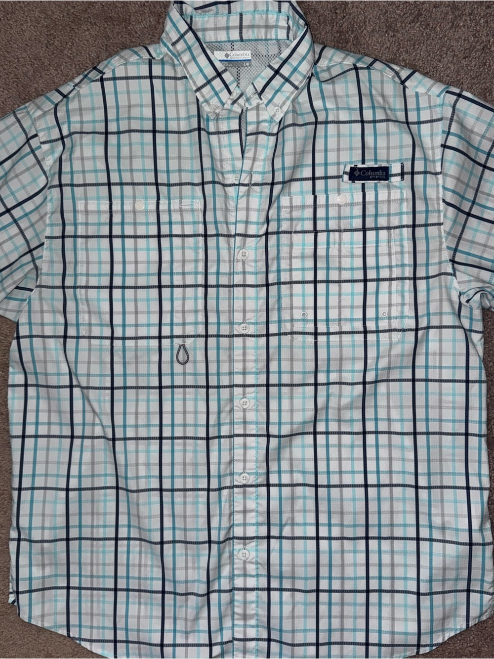 Columbia White Plaid Short-Sleeve Button-Down Shirt with Blue Accents